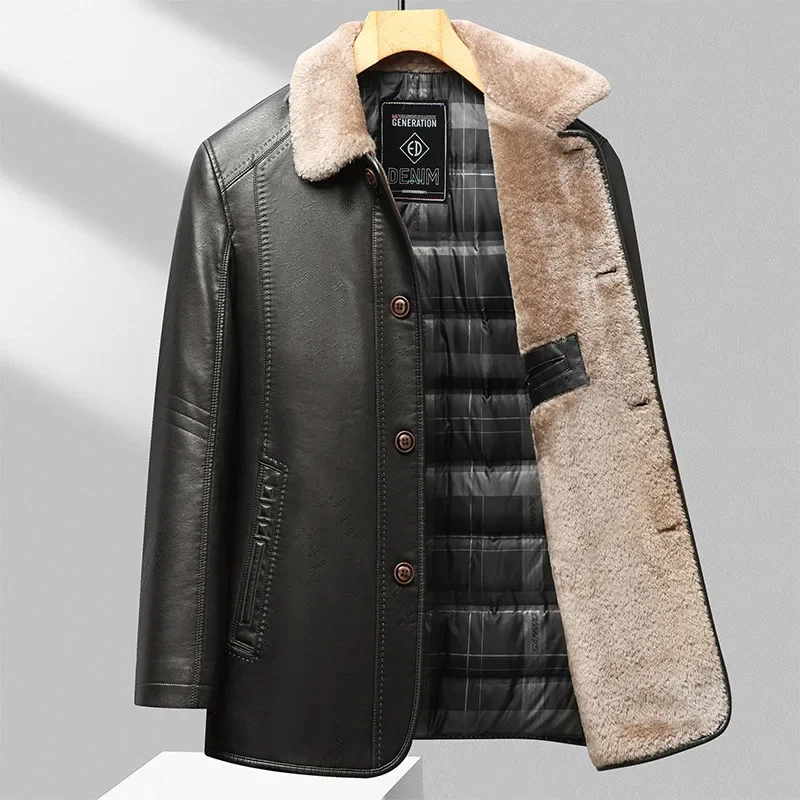 Chaqueta de plumón de cuero para hombre, resistente al frío y cálido, plumón de pato, chaqueta de negocios de mediana edad, solapa, Invierno