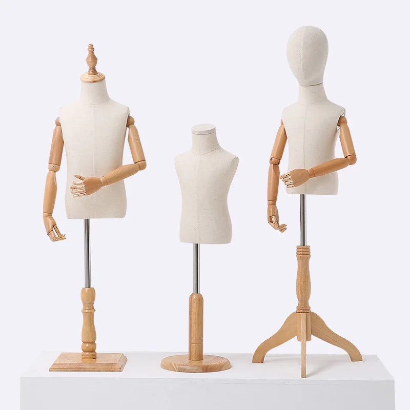 Kid Dress Form Fabric Cover Half Body Children\'s Model Mannequin Model Torso Wood Base With Wooden Arms For Window Display