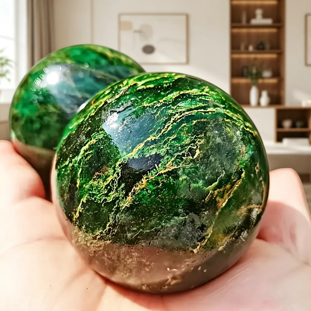 

Natural African Green Jade Sphere Verdite Crystal Ball for Home Decoration Collection Reiki Healing and Feng Shui Ornament