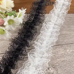 4cm Wide White Black Mesh Stretch Wrinkle Lace Fabric Needlework Elastic Trim Ruffle Pet Doll Clothes DIY Sewing Guipure Decor