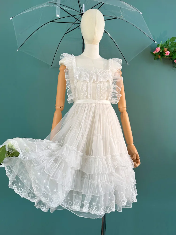 Süße Lolita transparente Spitze Mesh gekräuselt Jsk Kleid Frauen Sommer ärmellose Kawaii schöne Riemen Prinzessin Party A-Linie Kleider