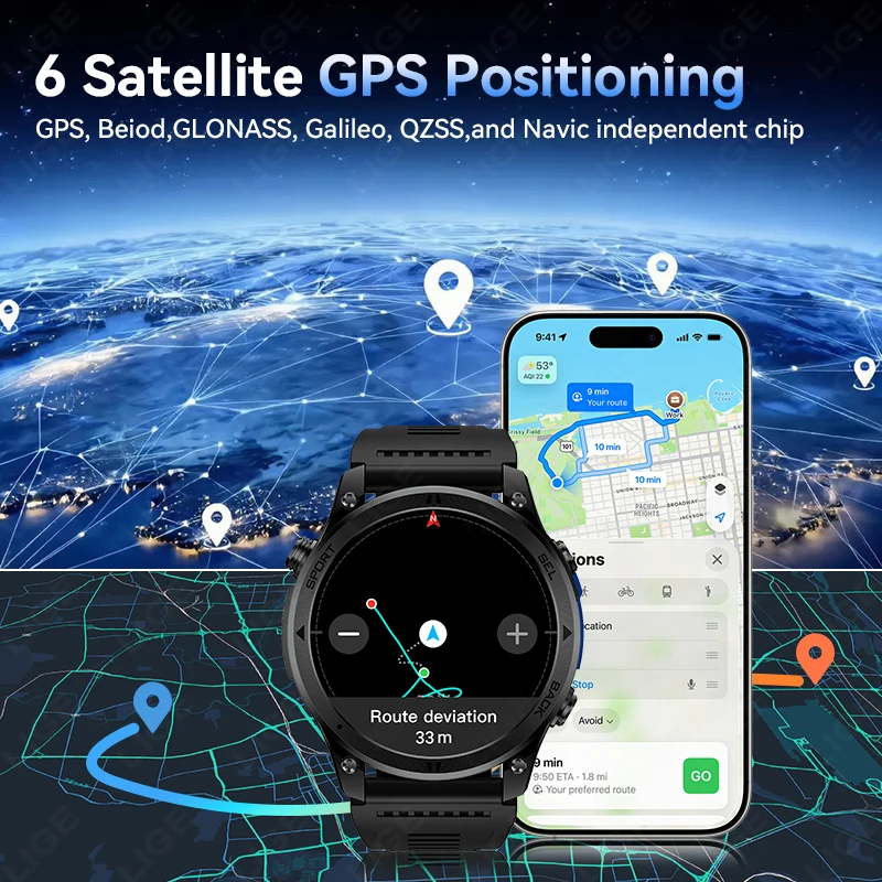 LIGE Military GPS Run Tracker Smart Watch 530mAh Battery 6 Satellite GPS Position Compass Altimeter Barometric IP68 Call Watches