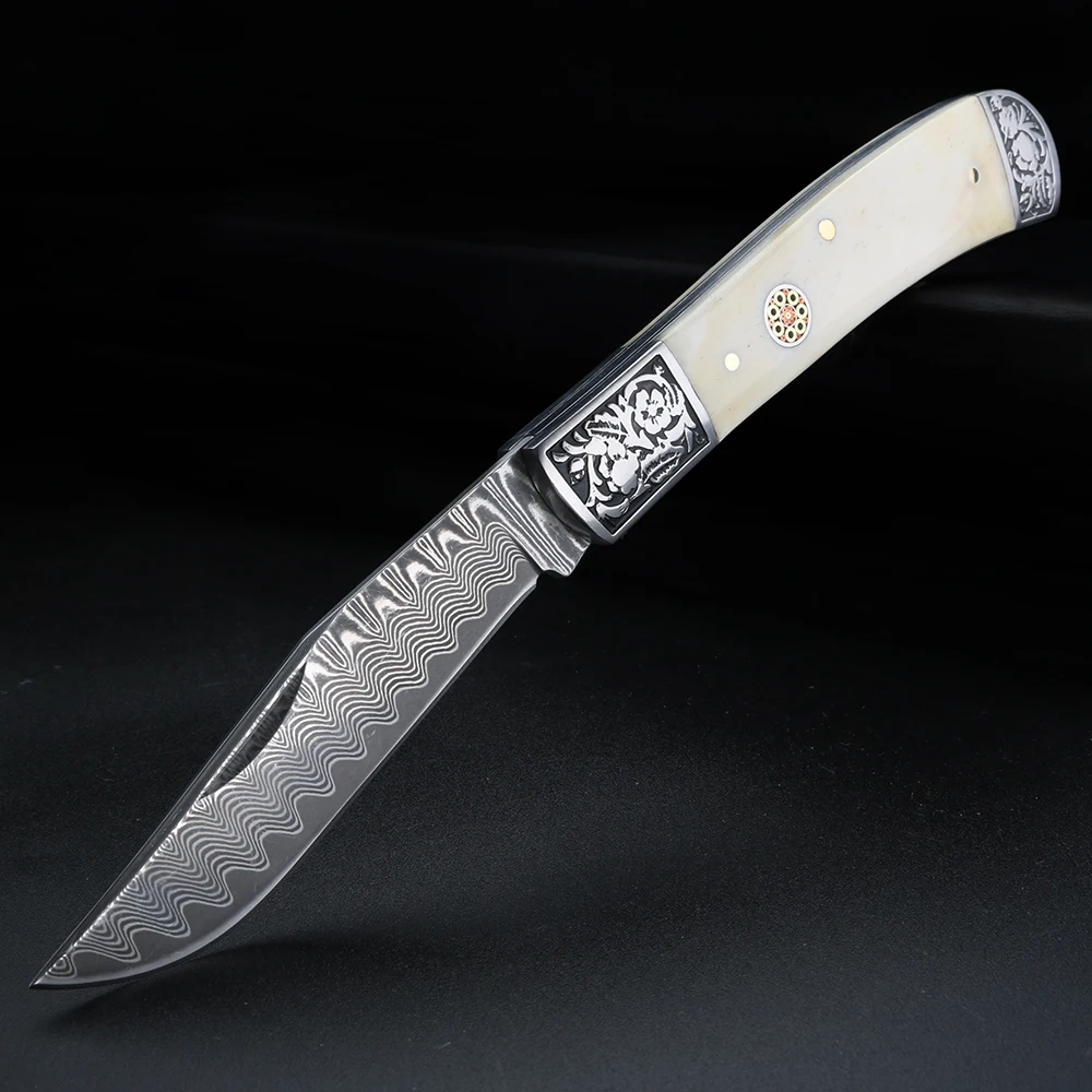 

Bull Bone Damascus Steel Pocket Knife Camping Wilderness Survival High Hardness Multi functional Stacker Knife