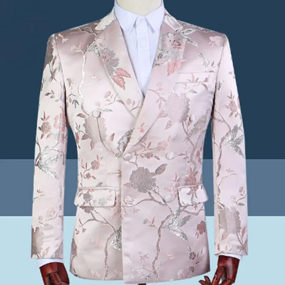 Blazer con estampado rosa para hombre, traje de actuación en escenario, vestido, solo un abrigo, traje delgado de talla grande