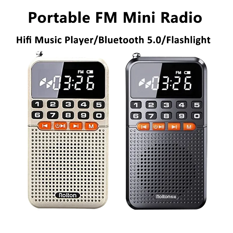 Bluetooth 5.0 Portable FM Mini Radio Dual Antenna Pocket Radio Receiver Speaker TF Card Music Player with LED  Flashlight