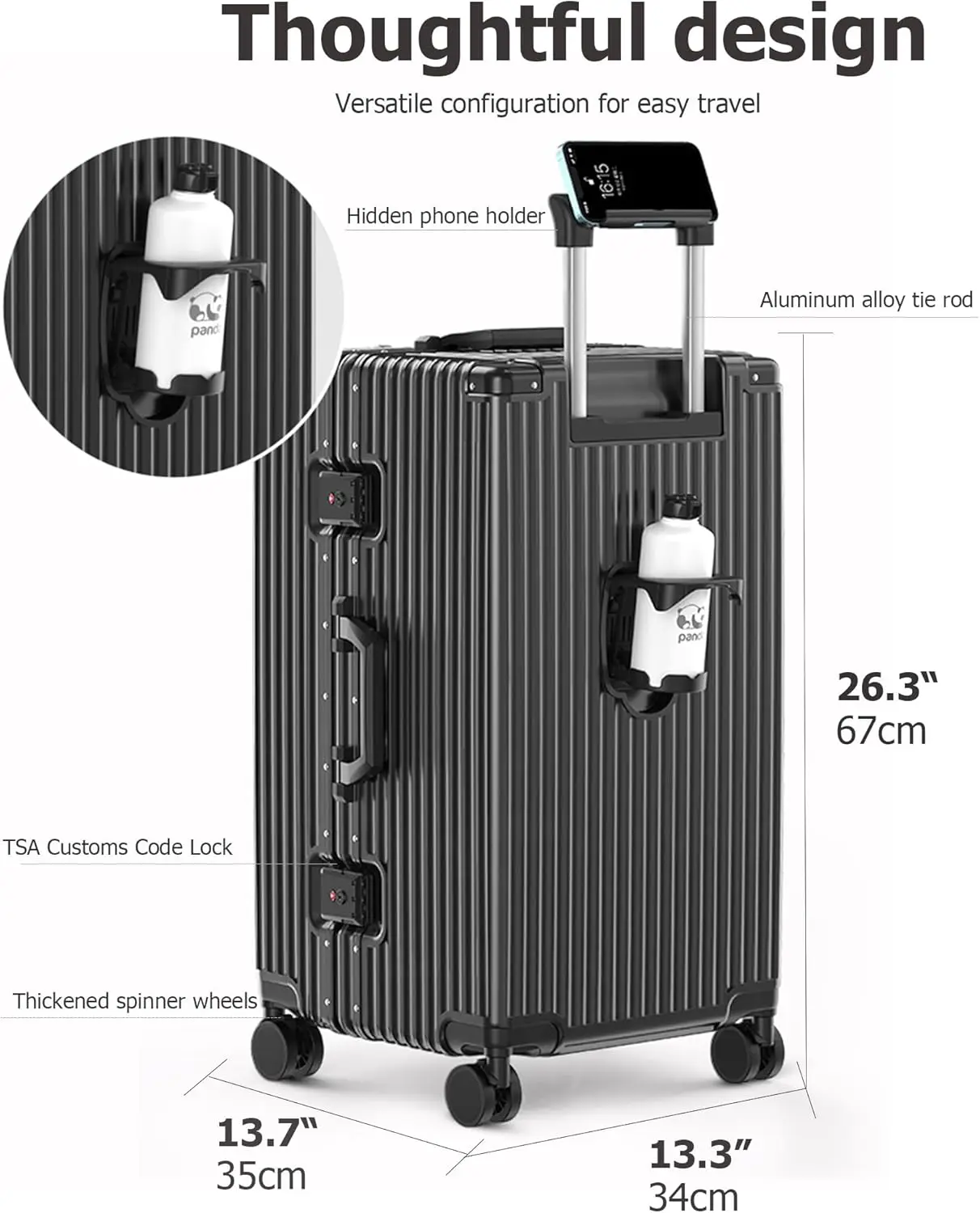 26in Aluminum Frame Hardside Spinner Luggage with Cup & Phone Holder