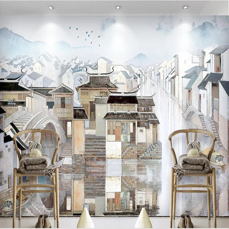 Custom Fresco Paper Ancient Jiangnan Water Village Ink Mural Wall Decor for Living Room Bedroom TV Background Wallpaper Murals
