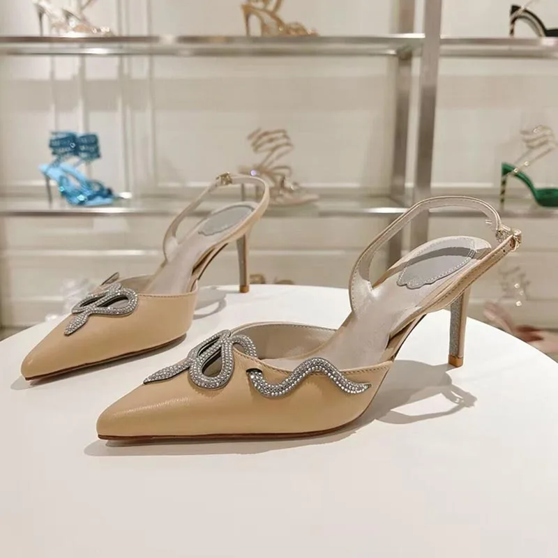 Sandals Snakelike Rhinestone Decor Dress Shoes Women's Pointed Toe Leopard Pattern Thin Heels Sandalias Summer Pumps Slipper