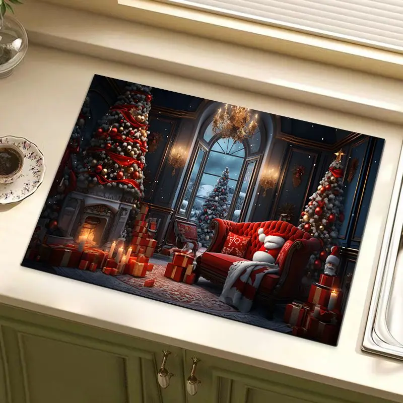 Santa Claus Fireplace Christmas Tableware Draining Mat Absorbent Quick-Drying Non-Slip Sink Countertop Mat Home Decor Holiday