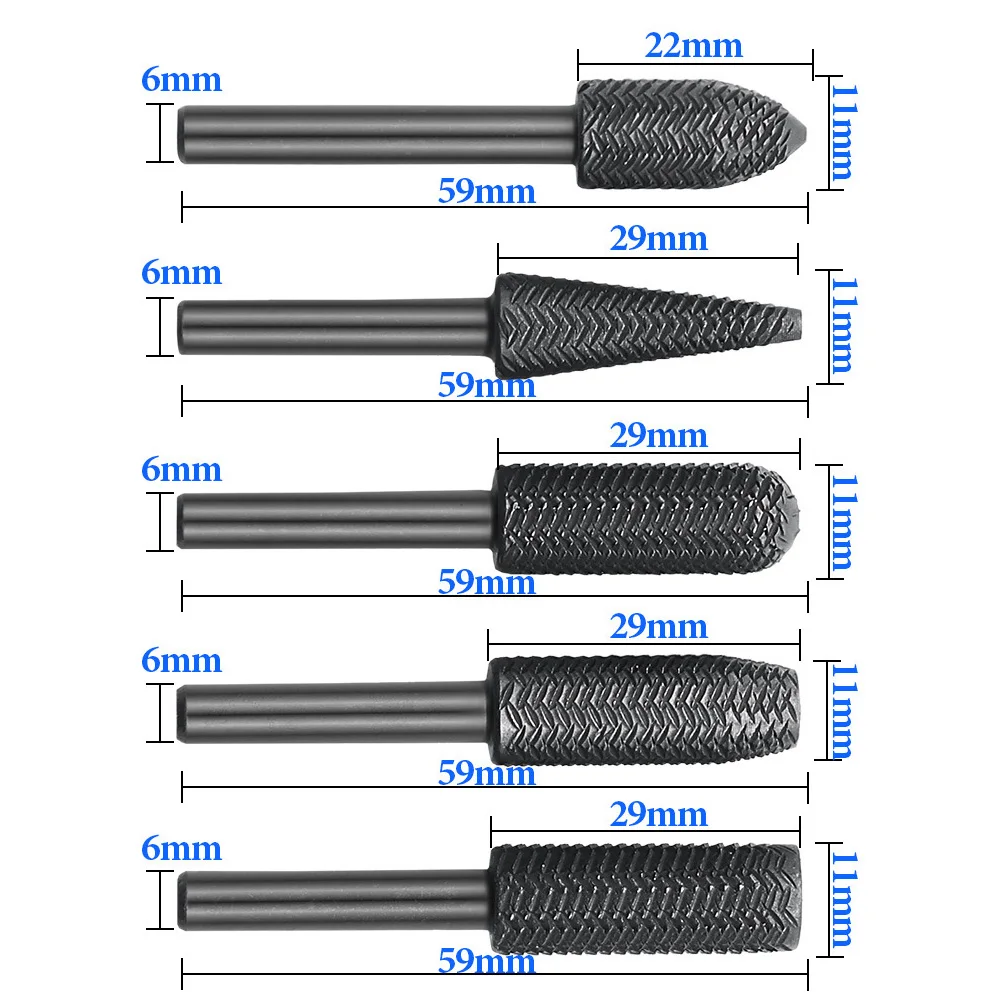 5Pcs Rotary Rasp File Set Steel File Shank Carving Bit Double Cutter Rotary File Super Hard For Metal Wood Grinding