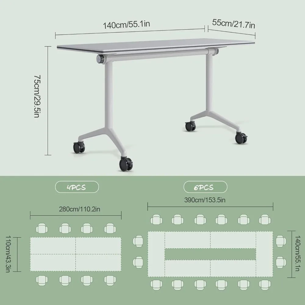 Folding Conference Table 2-10 People,Mobile Conference Room Table Rolling with Caster Wheels，Extra Wide Desk (4, White, 140cm)