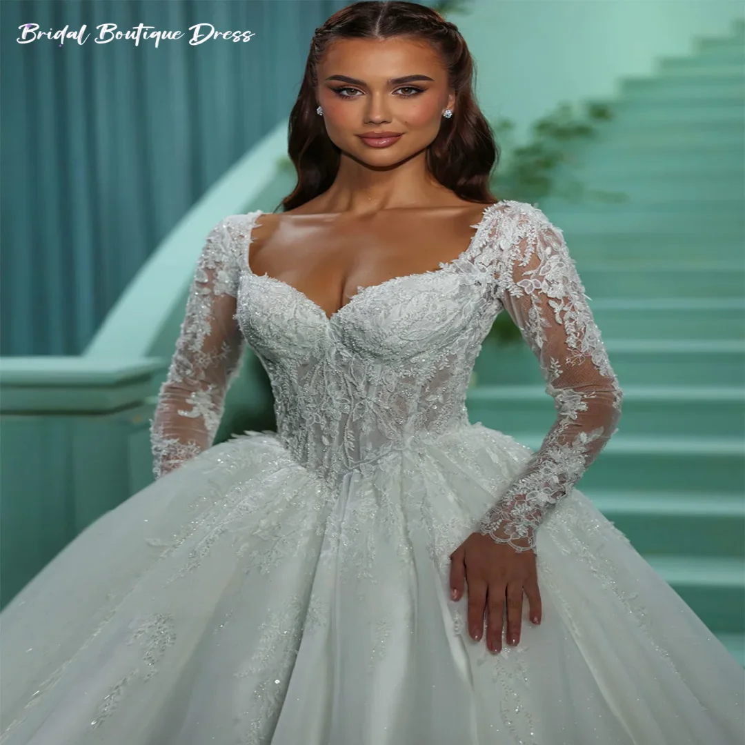 Splendido abito da sposa personalizzato maniche lunghe perline paillettes applique in pizzo Sweep Train abito da sposa per la sposa Vestido De No