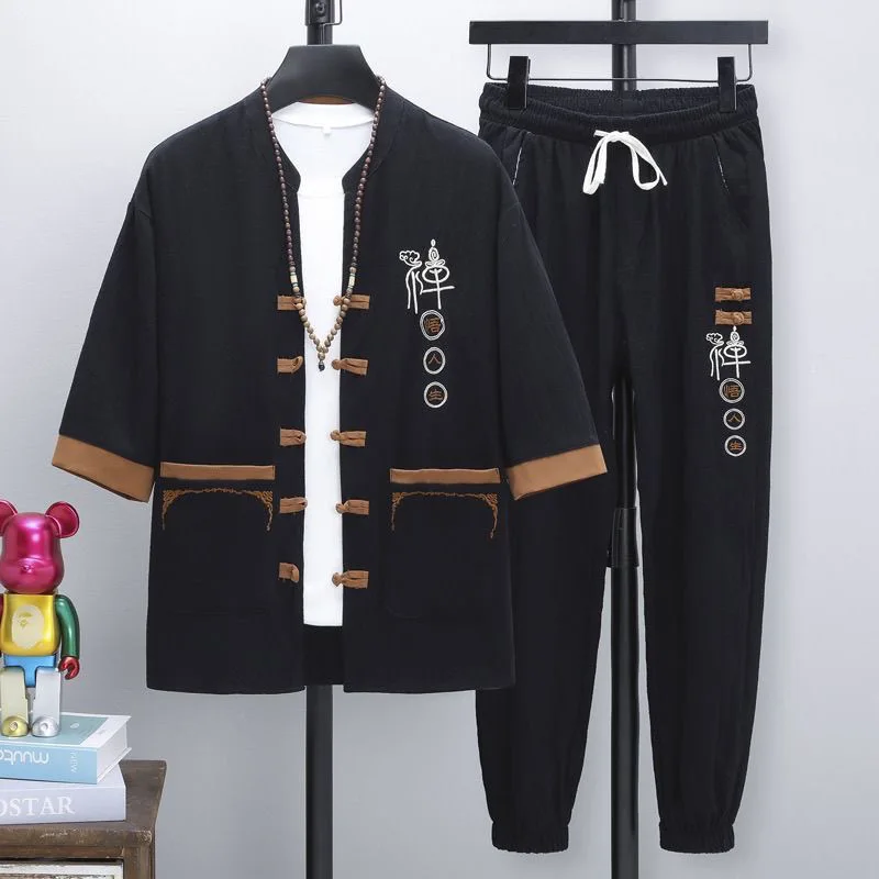 Summer New Fashion Trend Printed Cotton Hemp Sports Suit Men's Casual Relaxed Breathable Large Size High-Grade Two-Piece Set