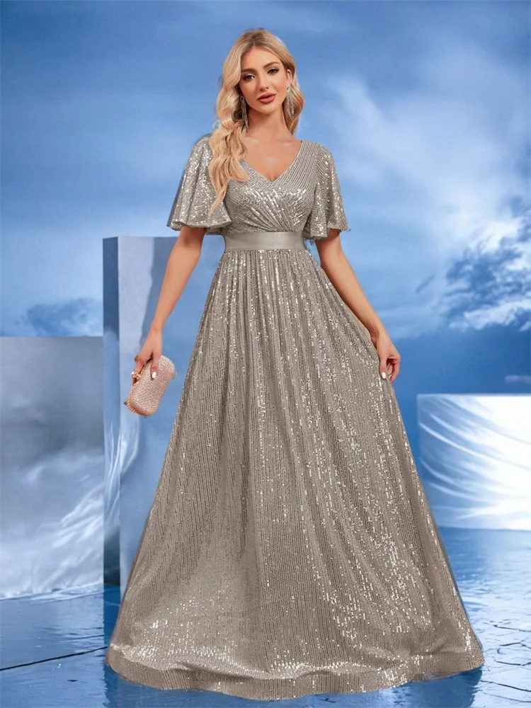 BLUEPLUM Luxury V-Neck Short Sleeves Grey Formal Evening Dress Luxury Women Long Sequins Party Prom Maxi Cocktail Dresses Gown