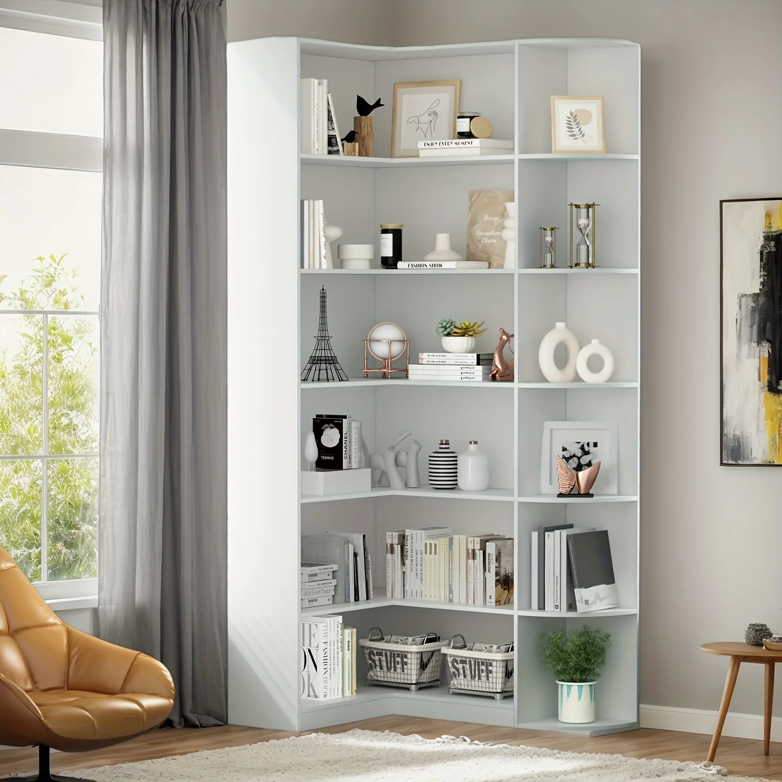 

Modern 71-inch Tall Bookshelf, Freestanding Corner Shelf, In A Stylish White Finish, Features 6-Tiers Storage Space With Full