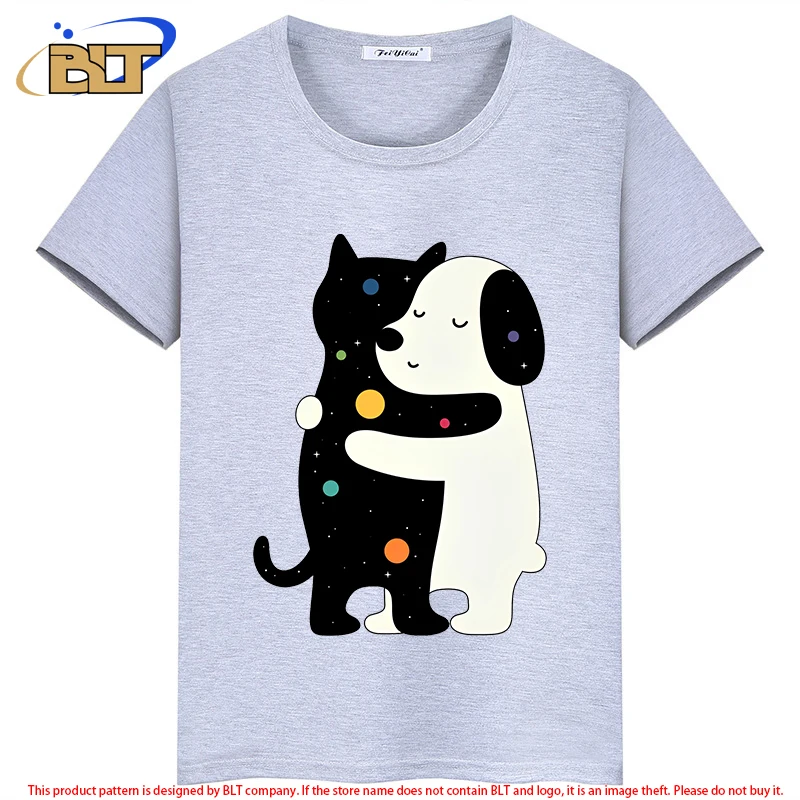 Camiseta infantil de manga curta de abraço de gato e cachorro, tops casuais para meninos e meninas, idioma universal, verão