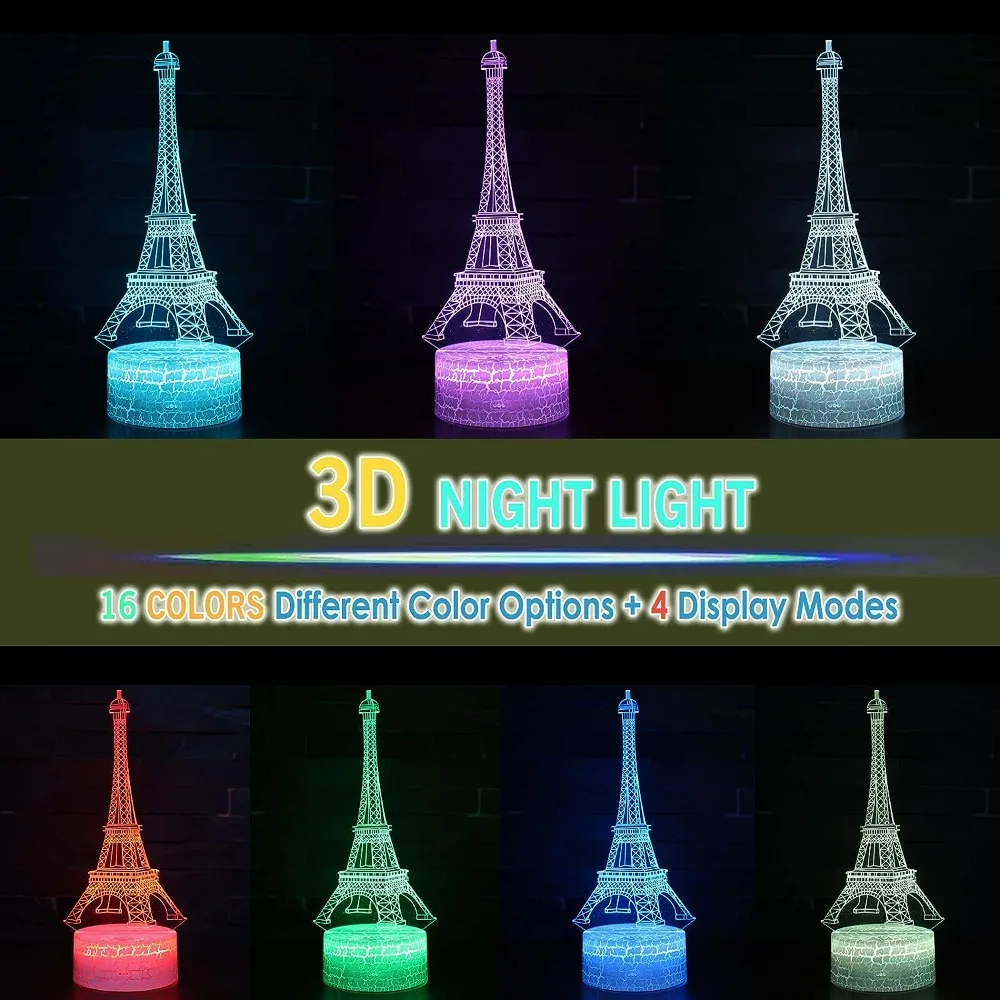 Nighdn Eiffel Tower 3D LED Optical Illusion Bedroom Decor Table Lamp 7 Colors Night Light Birthday Christmas Gifts for Kids