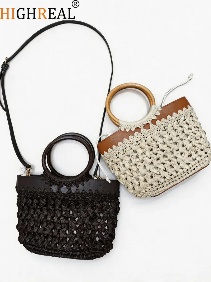 Hollow Crochet Straw Basket Bags for Women Round Handle Handbags Bohemian Woven Beach Bag Summer Shoulder Crossbody Bag NEW