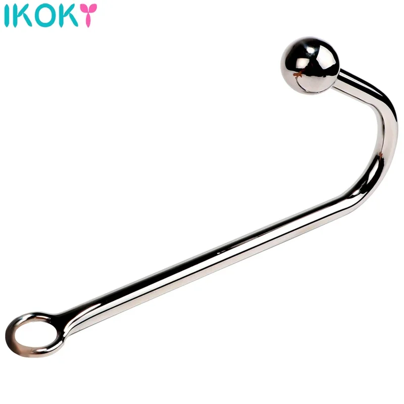 Ikoky sex toys for men and women gay stainless steel hook anal dilator metal butt plug with ball prostate massage