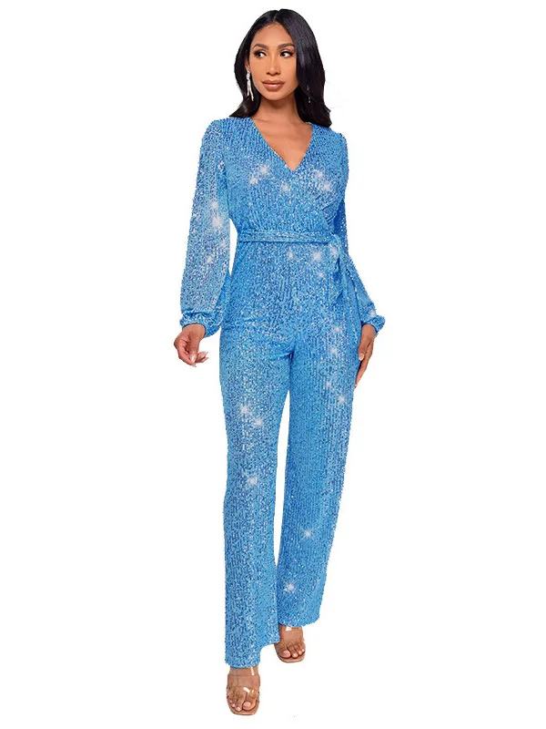 Injet Macacão de lantejoulas longo Sve feminino Sle Faionable com cinto terno de uma peça perna reta tecido de poliéster fino primavera S...