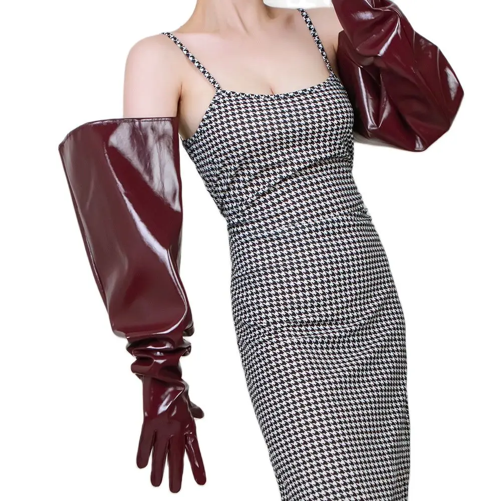 

Latex Leather Gloves Female 28'' 70cm Faux Leather Emulation Sheepskin Mirror Wine Red PU Women Long Leather Gloves HPU41