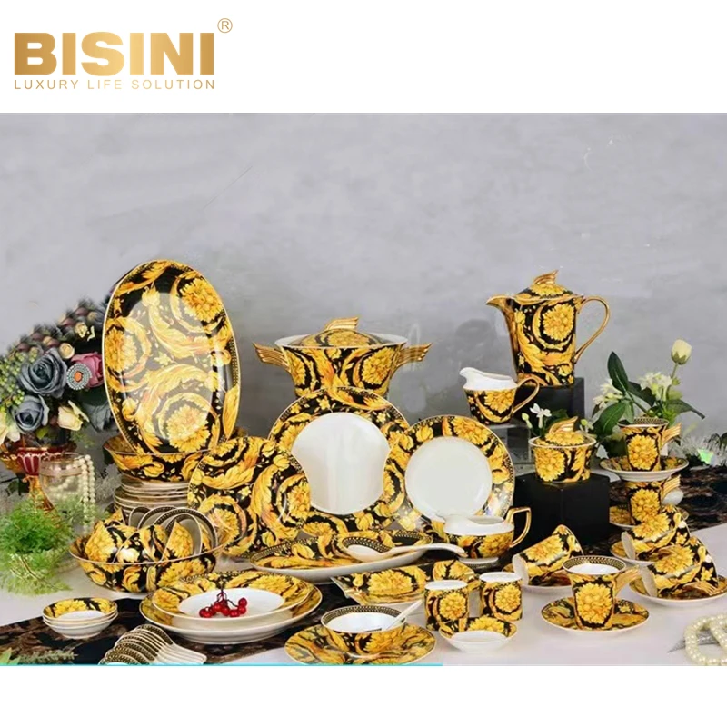 Opulent Baroque Style Palace Fine Bone china Porcelain 70pcs Dinnerware Sets Golden Ivy Porcelain Tableware set