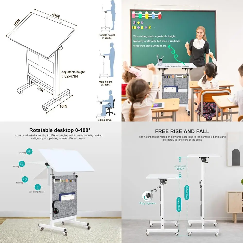 24 مكتب أبيض بارتفاع قابل للتعديل مع زجاج قابل للكتابة، 360 درجة ° دوران، عجلات، حقيبة للمساحات المدمجة والمكتب المنزلي (32-47 ارتفاع) #1