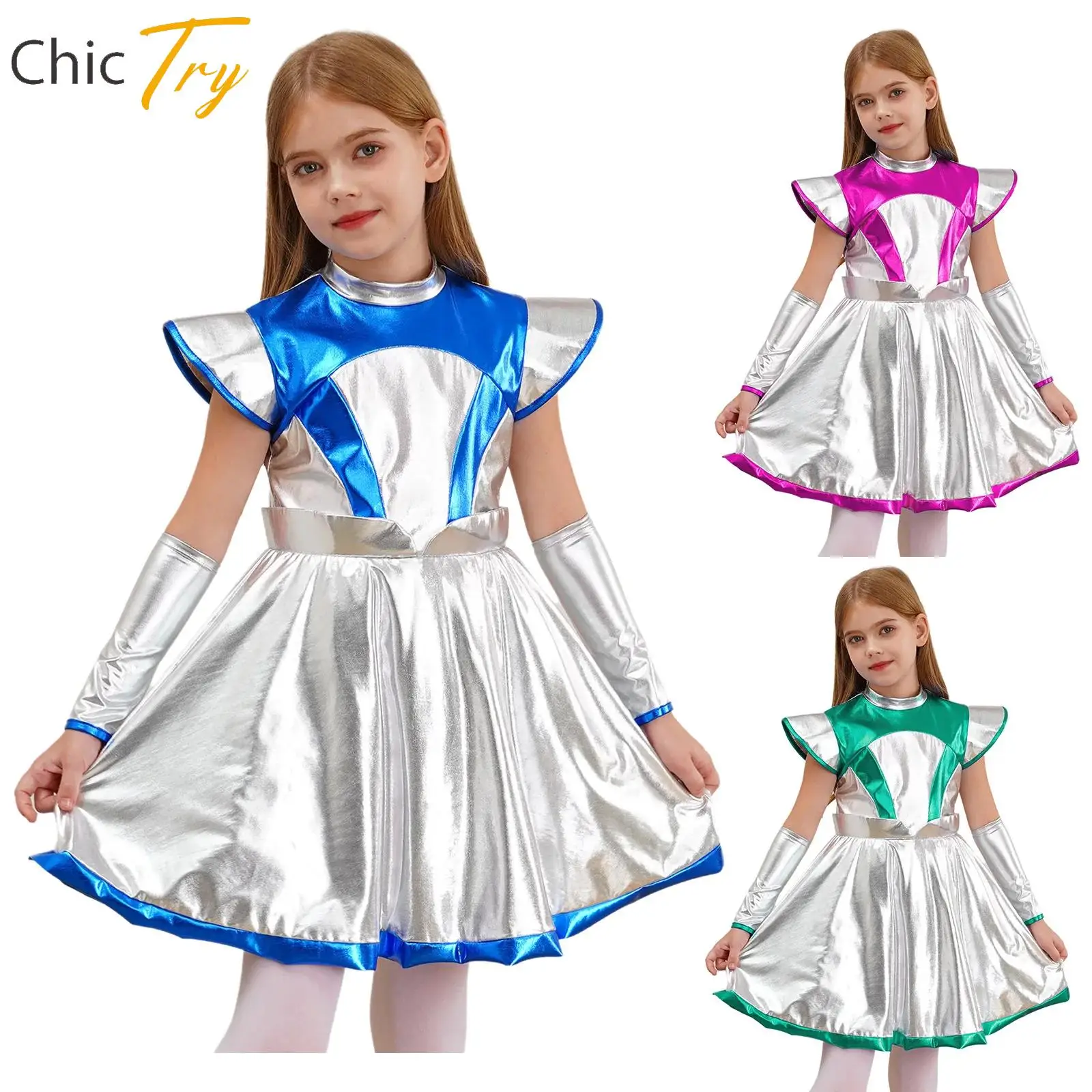 

Kid Alien Outer Space Future Robot Cosplay Costumes Girl Astronaut Tech Theme Party Outfit Cap Sleeve Dress with Arm Sleeve Suit