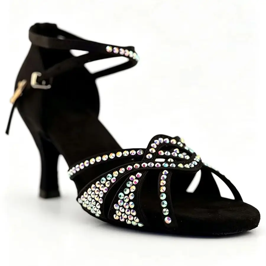 Women's Latin Dance Shoes Black Rhinestone Salsa Ladies Ballroom Dance Heels lack Suede Ankle Strap Performance Dancing Sandals