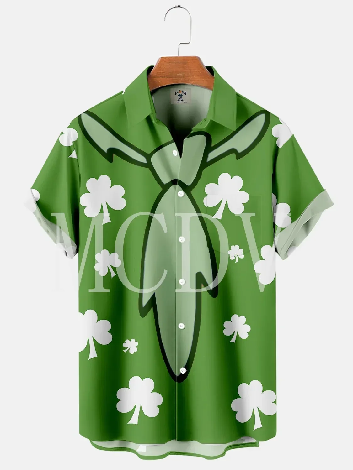 Royaura St. Patrick's Day Green Shamrock Gold Coin Breast Pocket Hawaiian Shirt Oversized Vacation Wrinkle Free Shirt