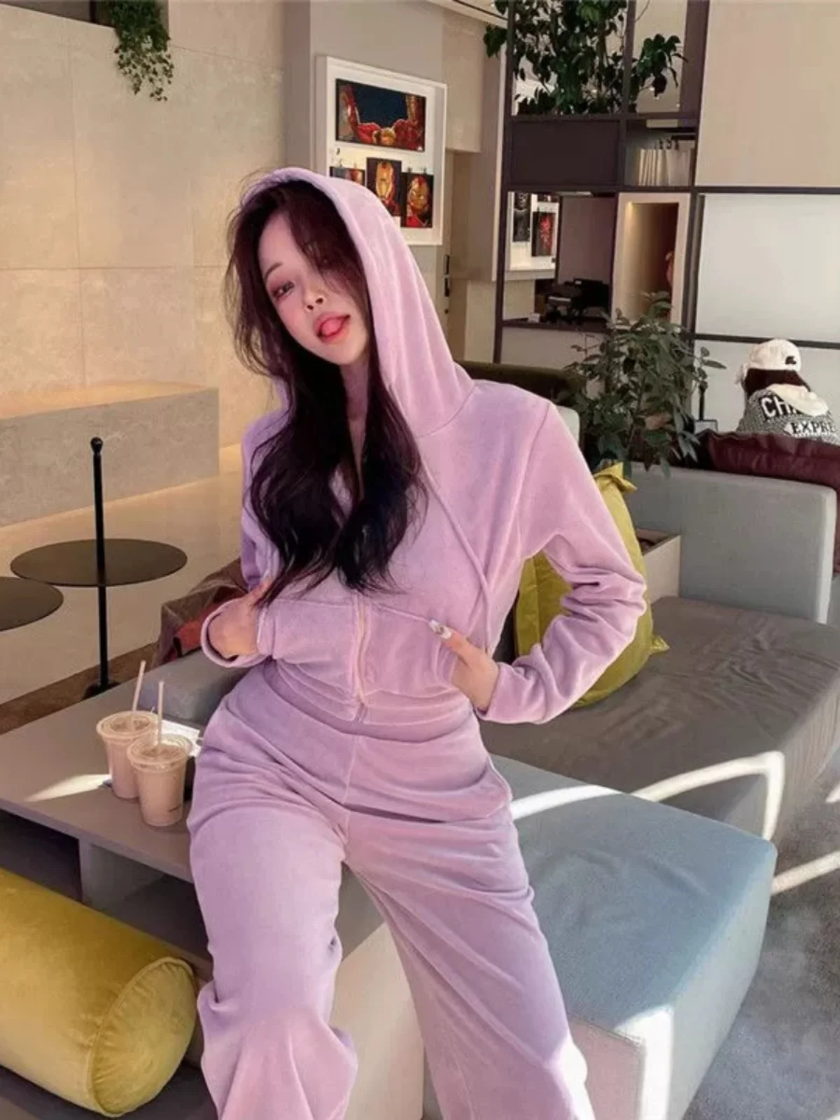 Gold Velvet Sportswear Set for Women Spring Autumn New Style Ageless Hoodie Loose Casual Wear Two Piece Set Ladies Fashion
