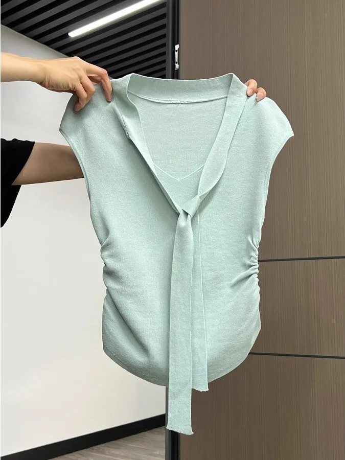

Women's Slim Fit V-Ne Knitted Top Svel Pleated Sa Spring Summer Inner Wear Small Size Ele Beautiful irt