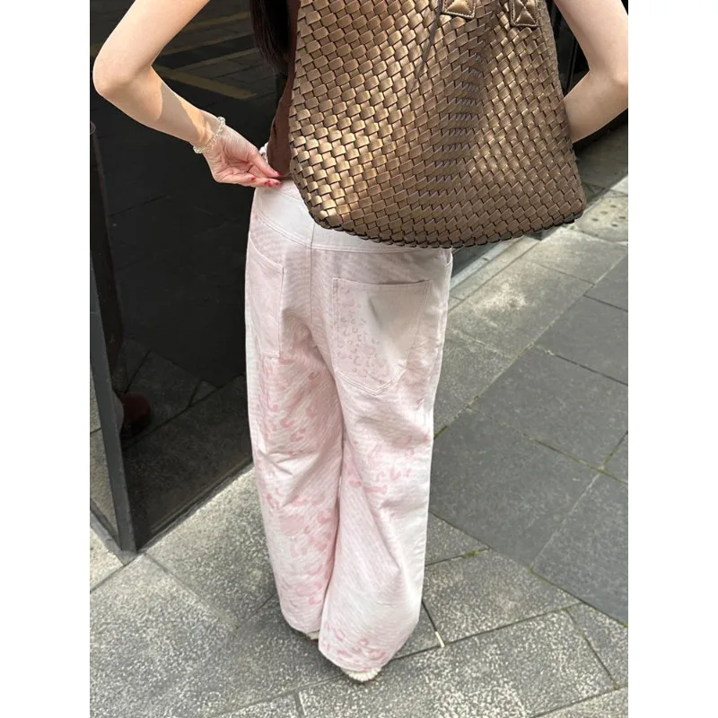 กางเกงยีนส์ขากว้างเอวสูงวินเทจสีชมพูของผู้หญิง 2025 ฤดูร้อนสไตล์เกาหลีสลิมมิ่งประเภทพิเศษกางเกงยีนส์ผู้หญิง