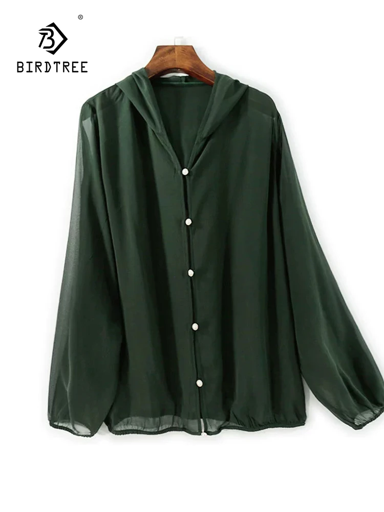 

BirdTree — шелковая элегантная рубашка с капюшоном, женская пуговица с длинным рукавом, свободная пляжная солнцезащитная блузка для поездок на работу, новинка лета 2023 года T57090CC