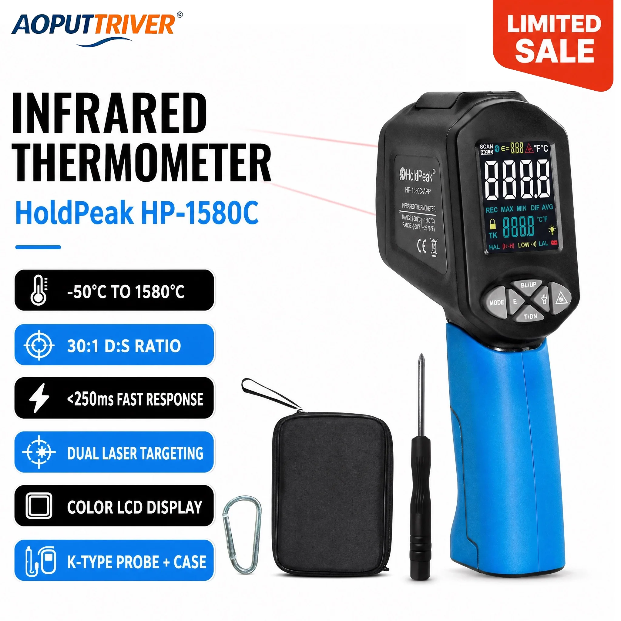 HOLDPEAK HP-1580C-APP Infrared Thermometer -50~1580°C 30:1 DS Dual Laser Color LCD APP Control Non-Contact High Temp Pyrometer