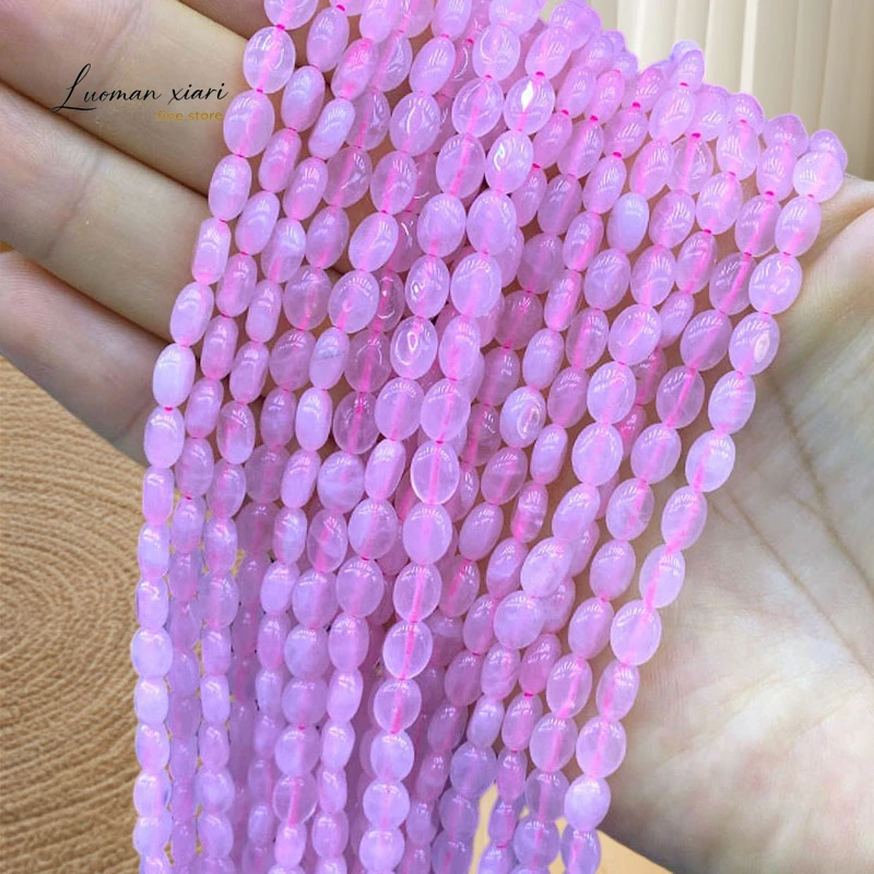 Natural Stone Flat Rice 6x8mm Rose Quartz Loose Spacer Beads for Jewelry Making Diy Necklace Bracelets Charms Accessories 15''