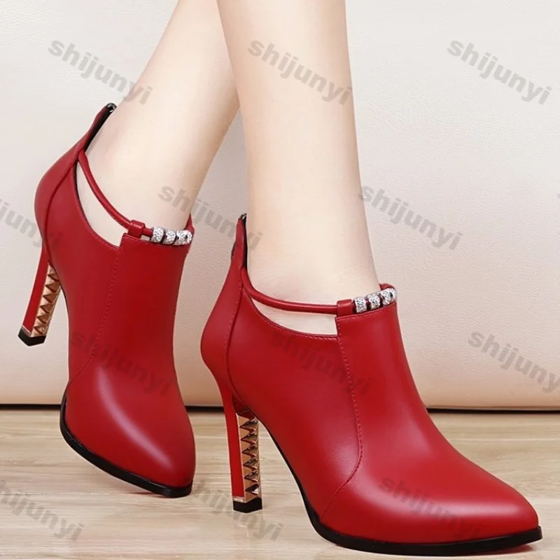 

Women's Elegant Pointed Ankle Boots Autumn Winter Fashion Red Belt Buckle Pu Leather Short Boots Woman Thin Heeled Party Shoes