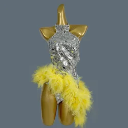 Glitter Yellow Sequin Bodysuit Women Sexy Party Birthday Prom Outfits Nightclub Bar Pole Dancing Drag Queen Costume Yuanjing