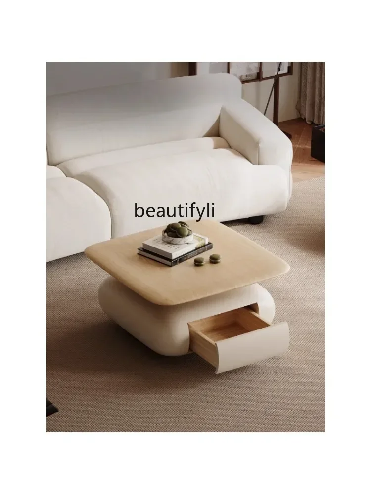 

Nordic Coffee Table Paint Cream Style Storage Solid Wood Household Small Apartment Living Room Paint Square Simple Designer