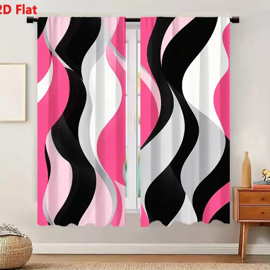 2Pcs Curtains 2D Flat Abstract Pattern With Wavy Curved Shapes In Black White And Shades Of Pink Dynamic Flowing Symmetrical Rep
