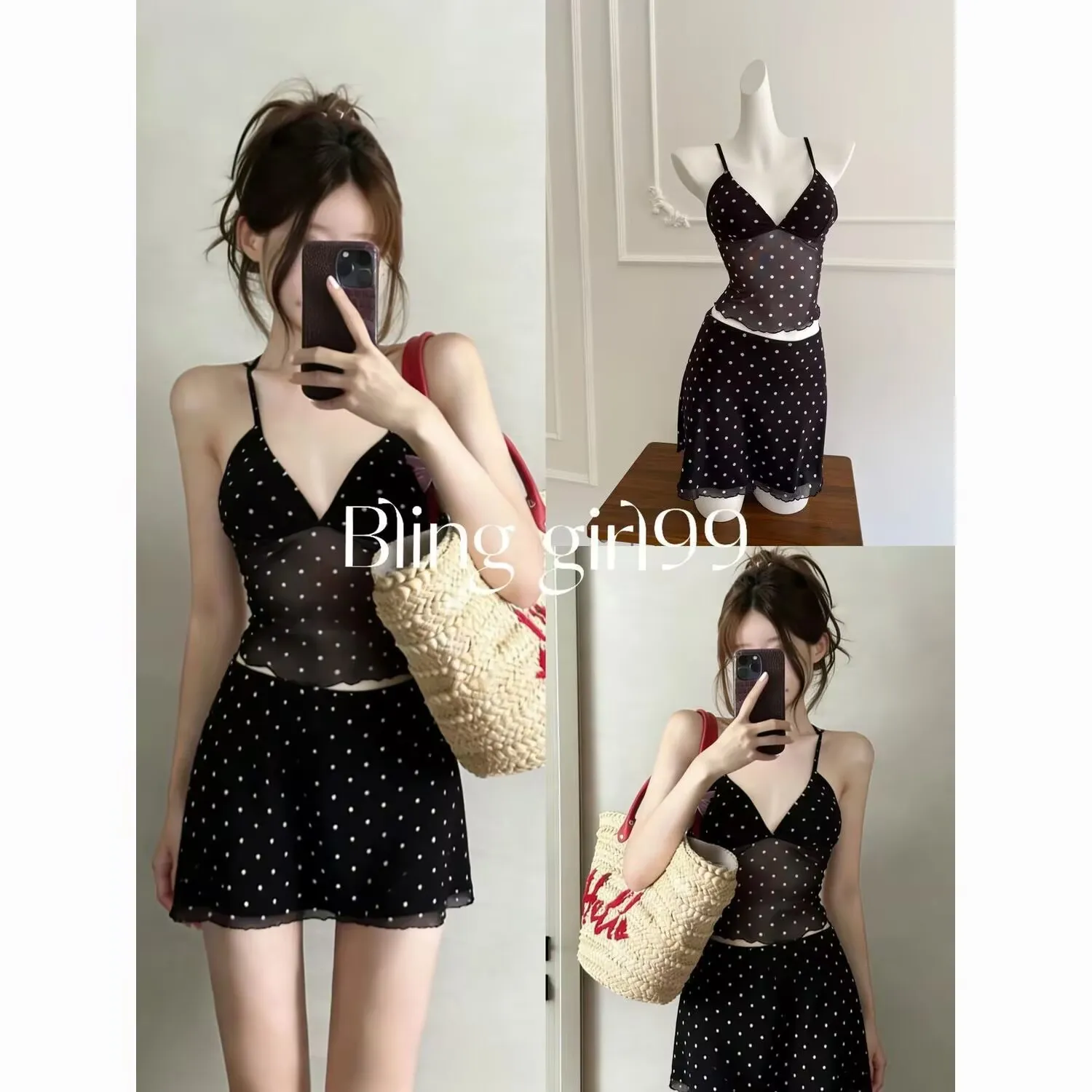 Vintage Polka Dot Mesh Split Swimsuit, Hot Girl Spaghetti Strap High Waist Slimming Mini Skirt, Pure Desire Style Women Swimwear