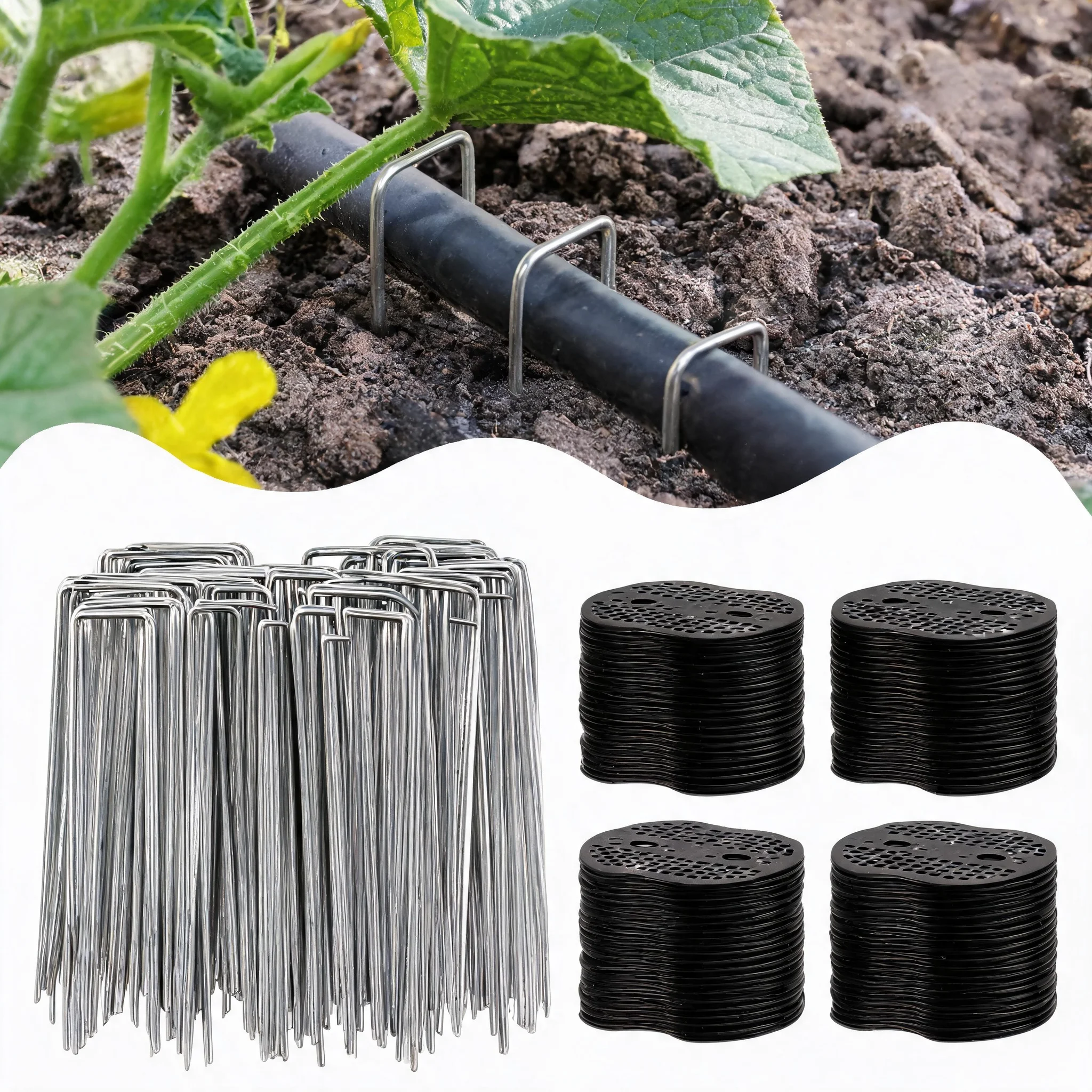 

Lawn Securing Pegs 100-200Pcs U-shaped Ground Pegs with Buffer Washers for Weed Landscape Fabric Netting Garden Accessory
