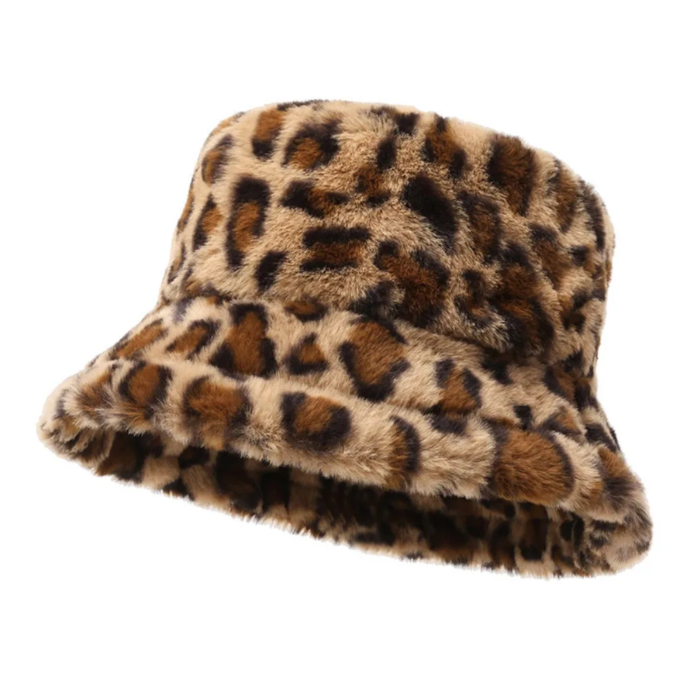 

Korean Style Leopard Print Bucket Hat Thicken INS Winter Warm Hat Soft Windproof Women Plush Bucket Hat Autumn and Winter
