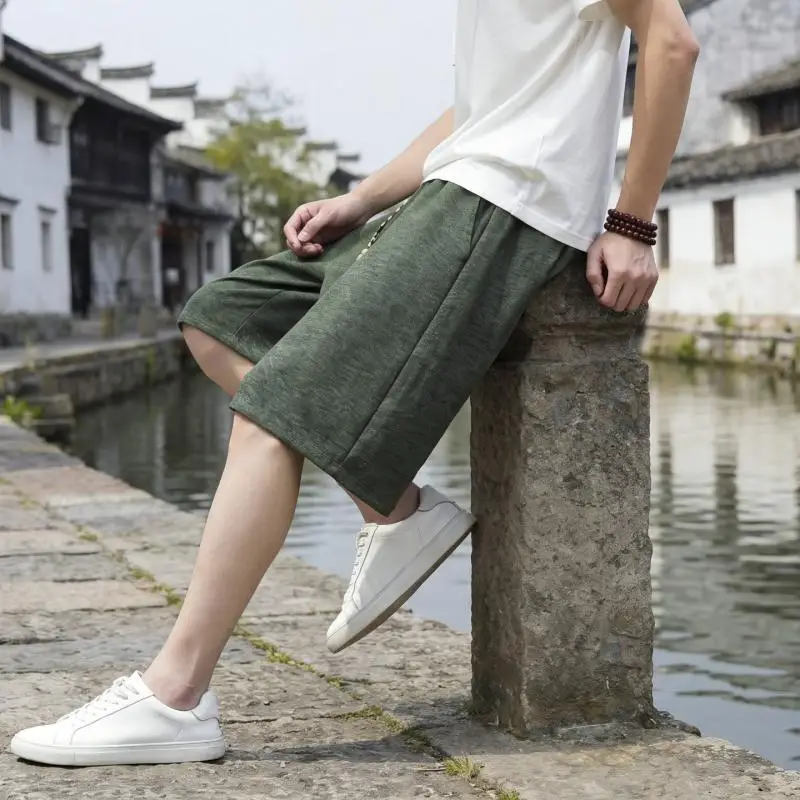Men Knee Length Shorts for Daily Walking 5 Inch Drawstring Loose Fit Breathable Solid Color Beach Casual Shorts Summer Bottoms