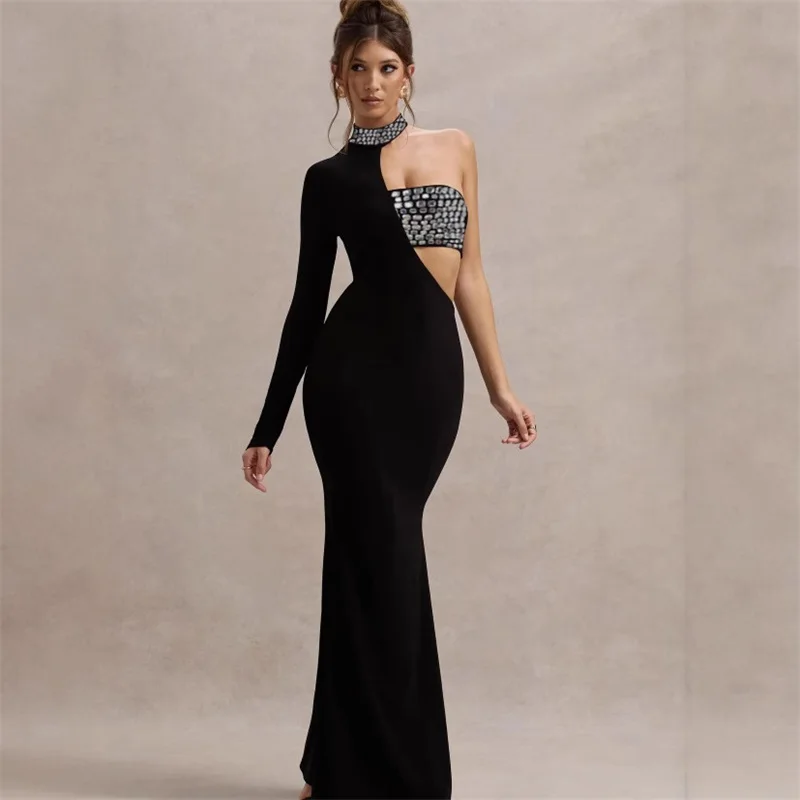 

Black Mermaid Evening Dress Sexy Hollow High Neck One Sleeve Crystals Formal Birthday Sheath Red Carpet Party Prom Gown Robe