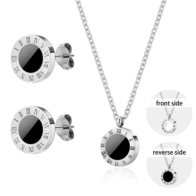 2Pcs Luxury Classic Roman Numeral Stainless Steel Earrings Necklace Black White Shell Pendant Jewelry Sets For Women Gifts