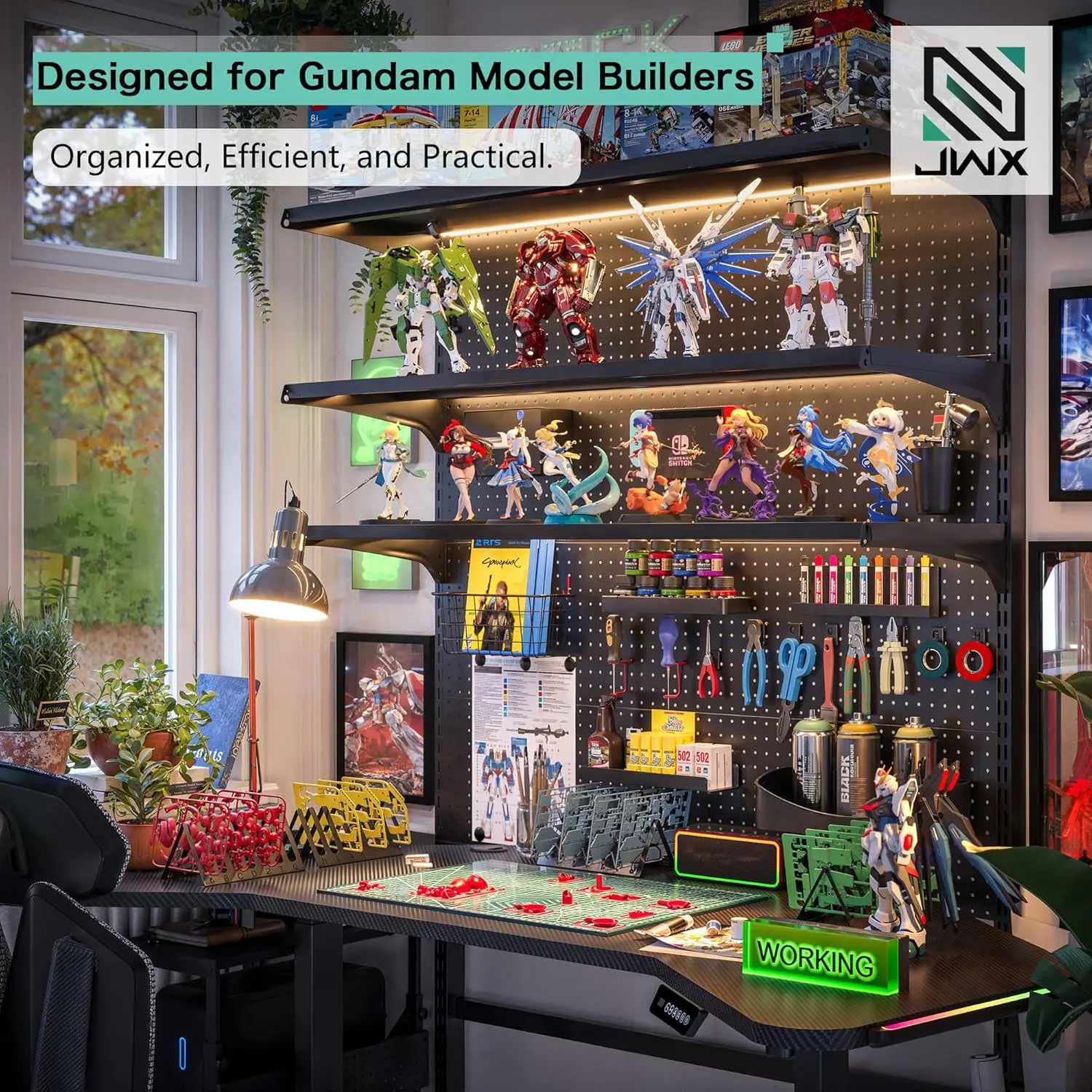 JWX DDB Gaming Pegboard Standing Shelf Units, Modular Pegboard and Shelf System with 15 Pieces Organizer Tool Holders