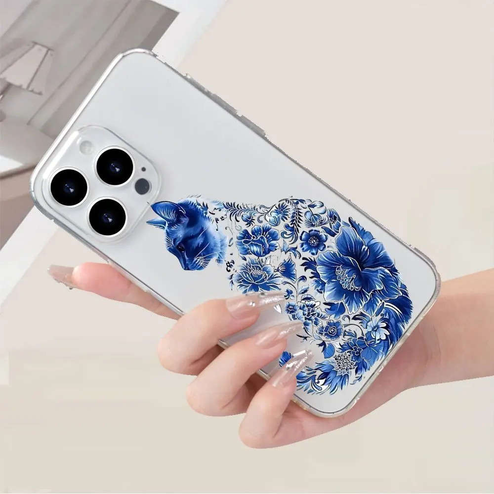 حافظة هاتف شفافة من مادة TPU على شكل زهرة زرقاء لهاتف آيفون 16، 15، 14، 13، 12، 11 Pro Max/Plus/Mini XR/XS/X MAX/7 8G Plus
