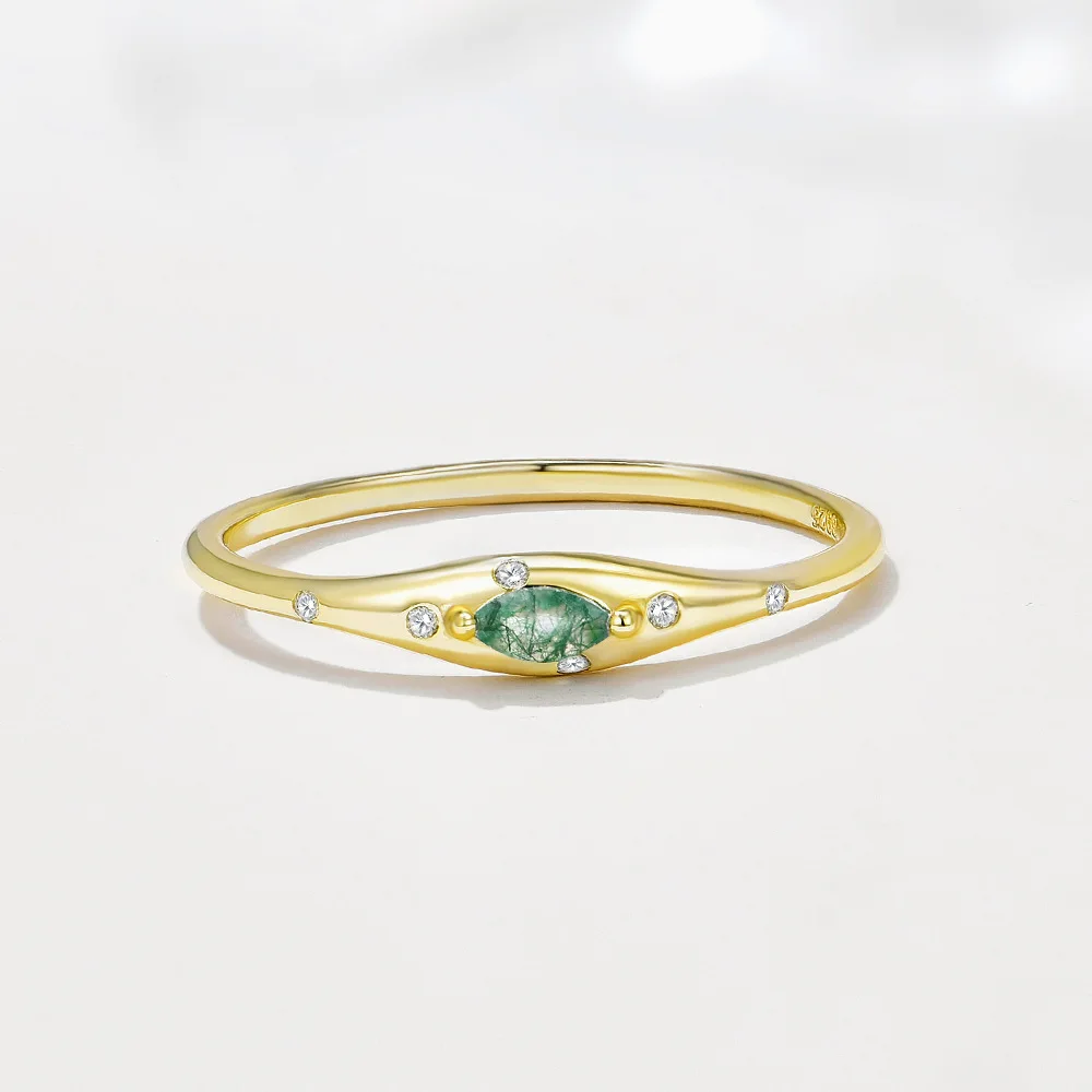 Dave&di New Fashion Light Luxury S925 Pure Silver Green Moss Stone Ring For Women, Fresh Water Grass Agate Finger Ring, Cross Bo
