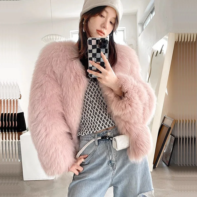 

Winter Women Pink White Short Thick Warm Faux Fox Fur Jacket Casual V-neck Long Sleeve Female Imitation Fur Coat Casaco Feminino